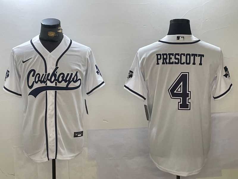 Men%27s Dallas Cowboys #4 Dak Prescott White With Navy Name Cool Base Stitched Baseball Jersey->dallas cowboys->NFL Jersey